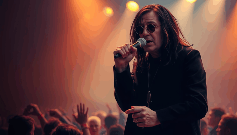 Ozzy Osbourne: Remembering the Legend Dead at 76 Years Cinematic digital painting of Ozzy Osbourne during a live performance