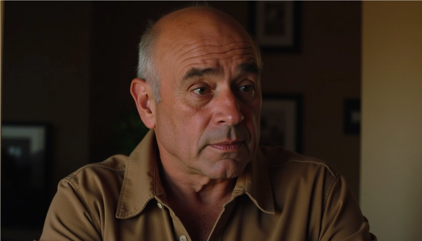 Portrait of Burt Young in a beige shirt, indoors.