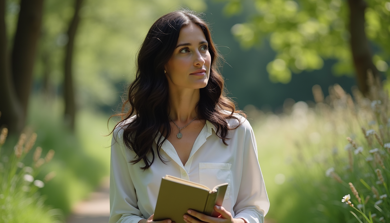 Woman reading book in nature.